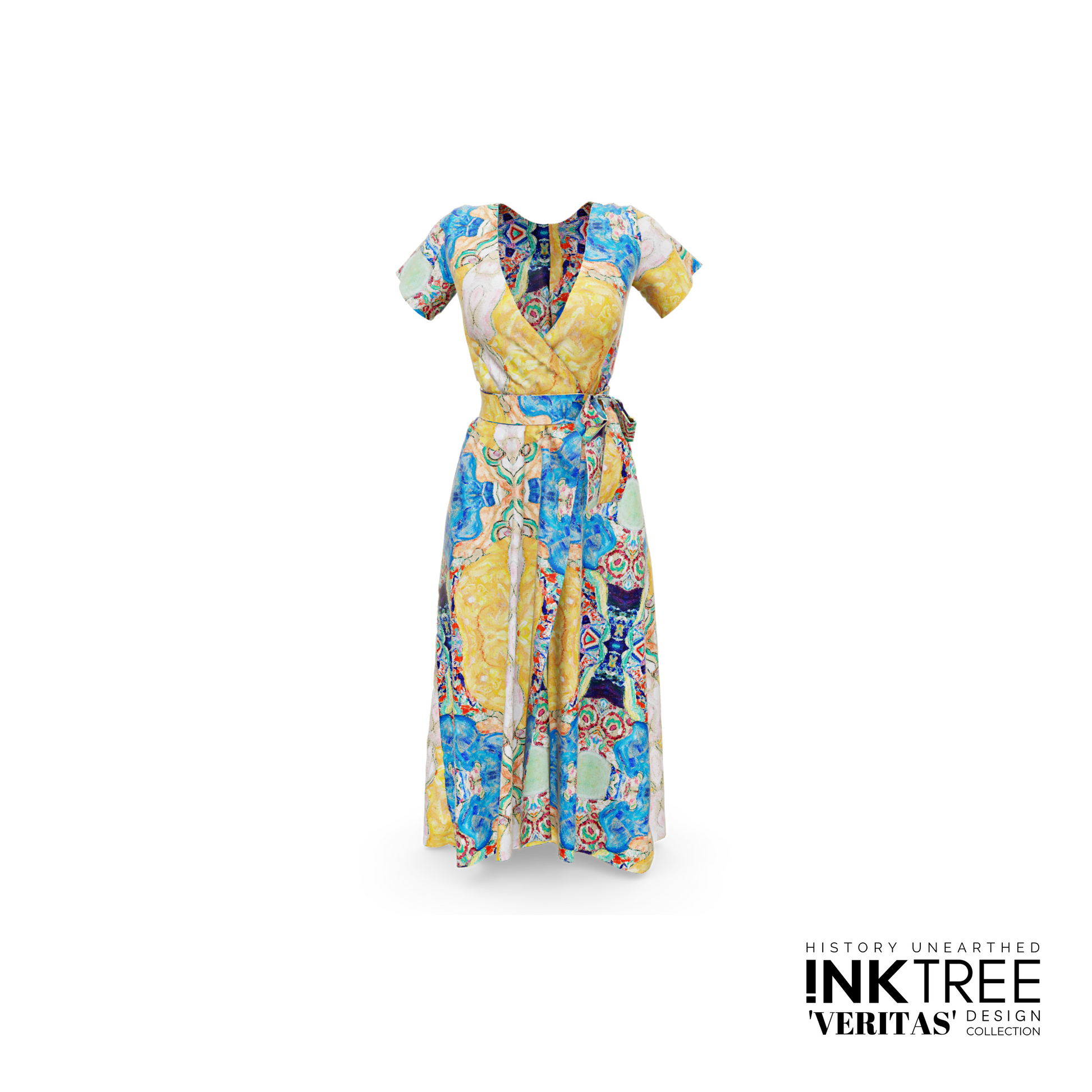 A dress with a green, blue and yellow pattern.