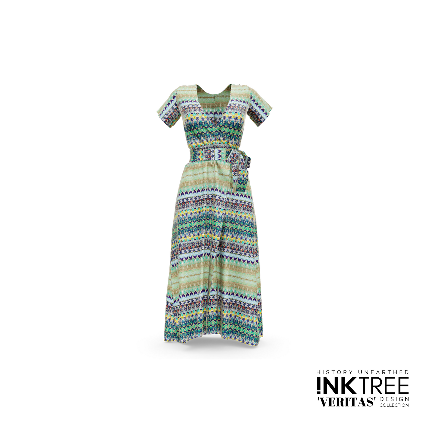 A dress with green, blue and black stripes on a white background.