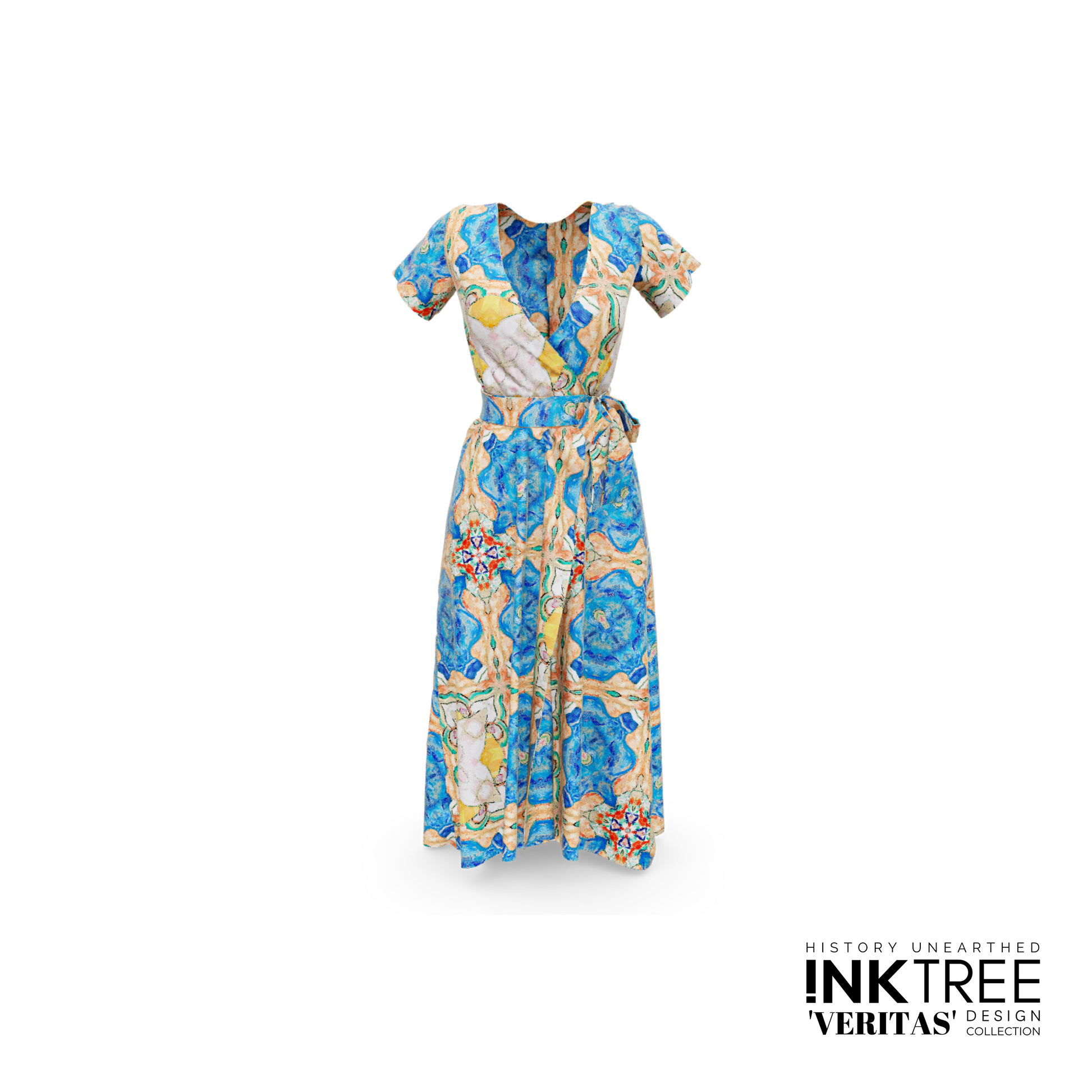 A dress on a white background with blue, yellow and reddish orange pattern.