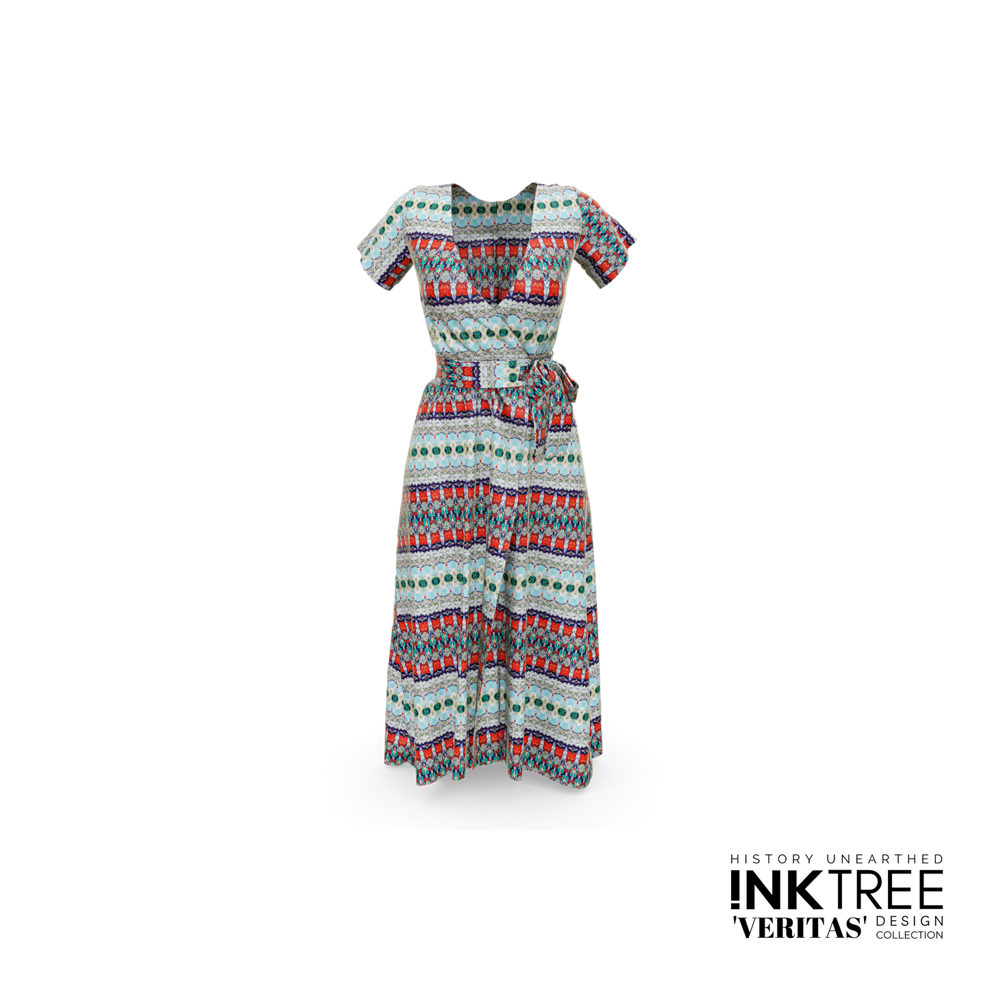 A dress with a red, blue and green horizontal line pattern on a white background.
