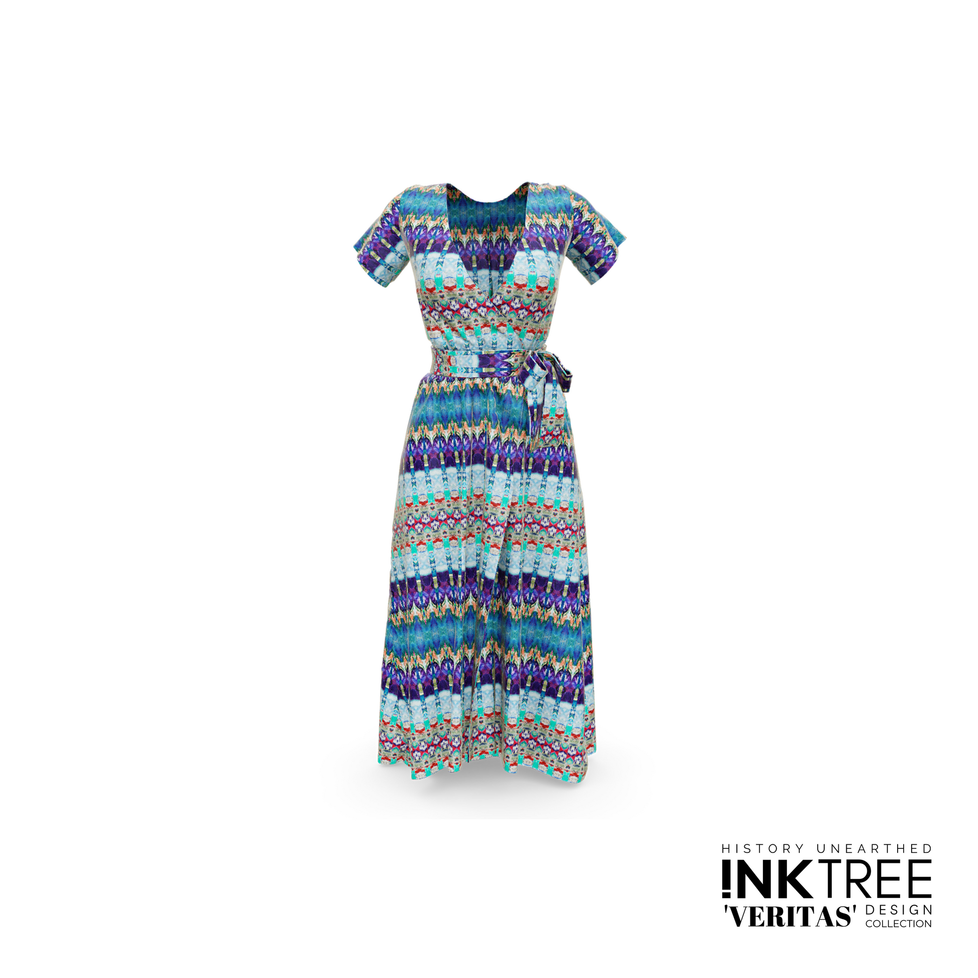 A dress with a purple, blue and green pattern.