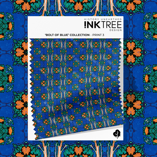 A white card fabric swatch with an orange, white, black, blue and green floral print with an ink tree design logo on it.  There is the same pattern on the background.