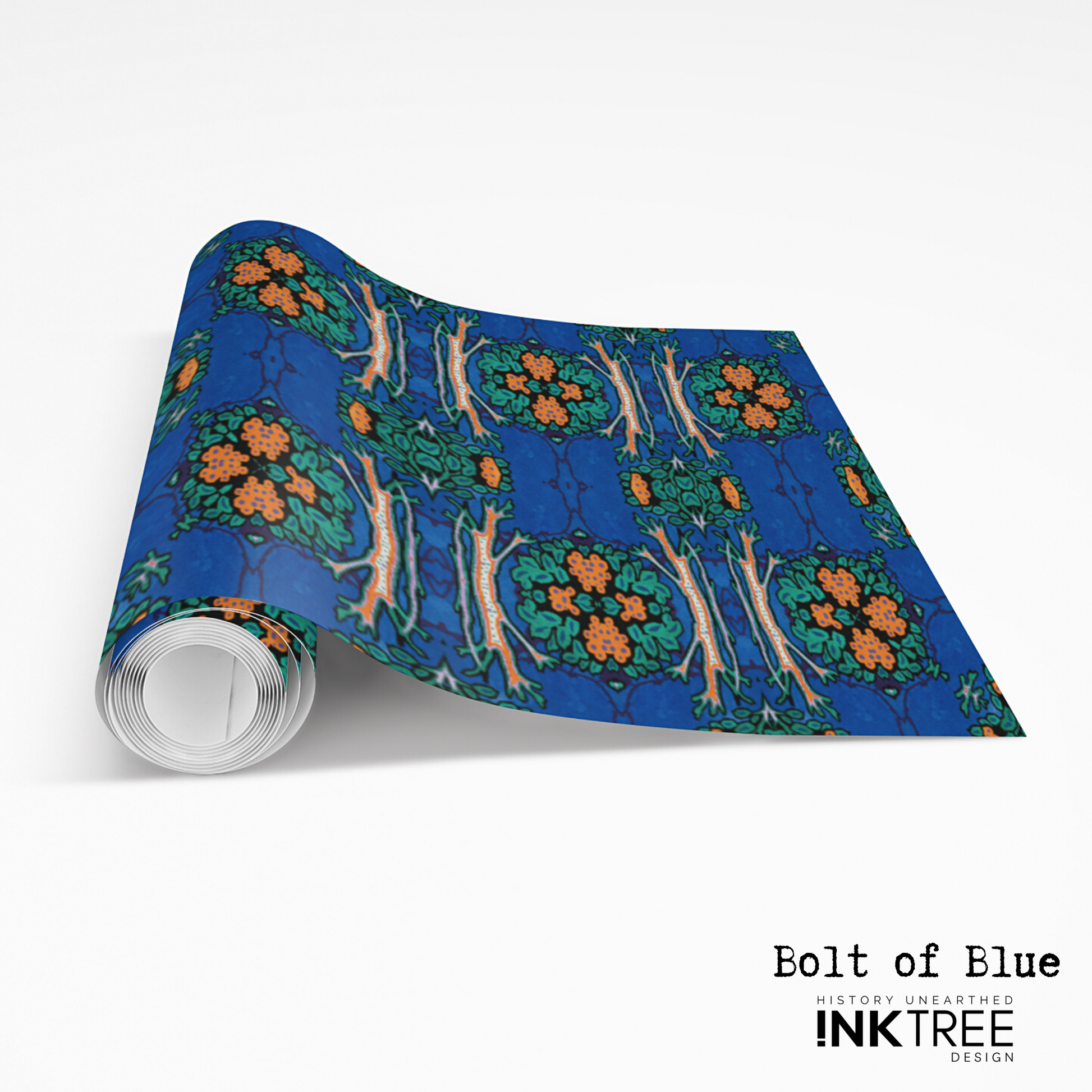 A roll of wrapping paper with an orange, white, black, blue and green floral pattern.
