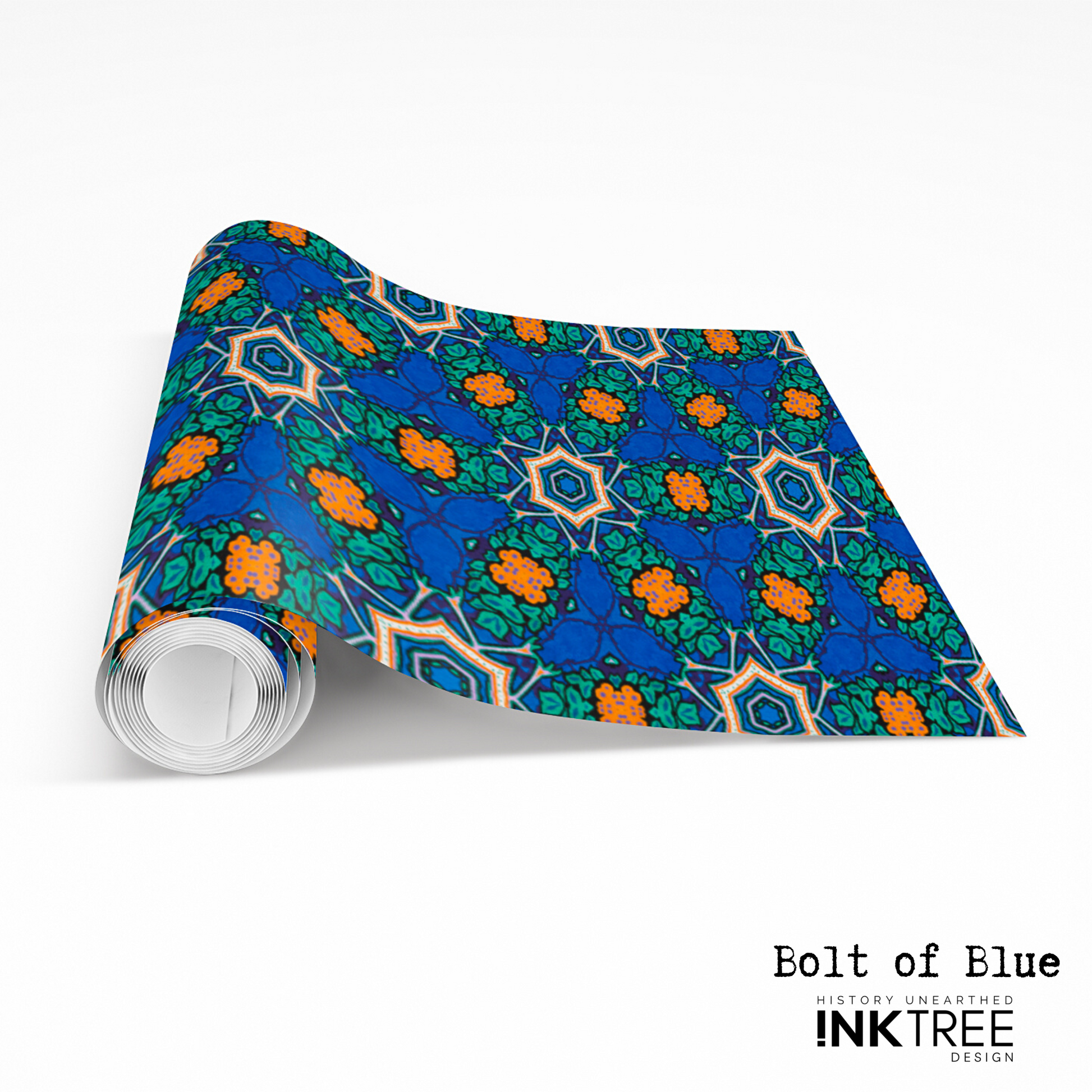 A roll of wrapping paper with an orange, white, black, blue and green pattern.