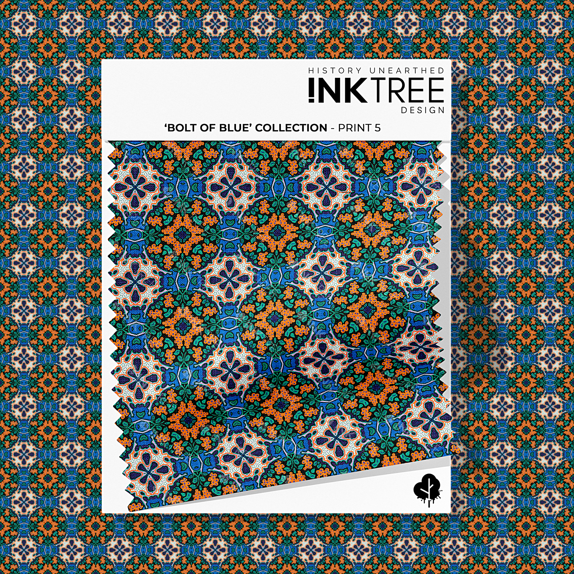 A white card fabric swatch with an orange, white, black, blue and green print with an ink tree design logo on it.  There is the same pattern on the background.