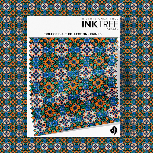 A white card fabric swatch with an orange, white, black, blue and green print with an ink tree design logo on it.  There is the same pattern on the background.