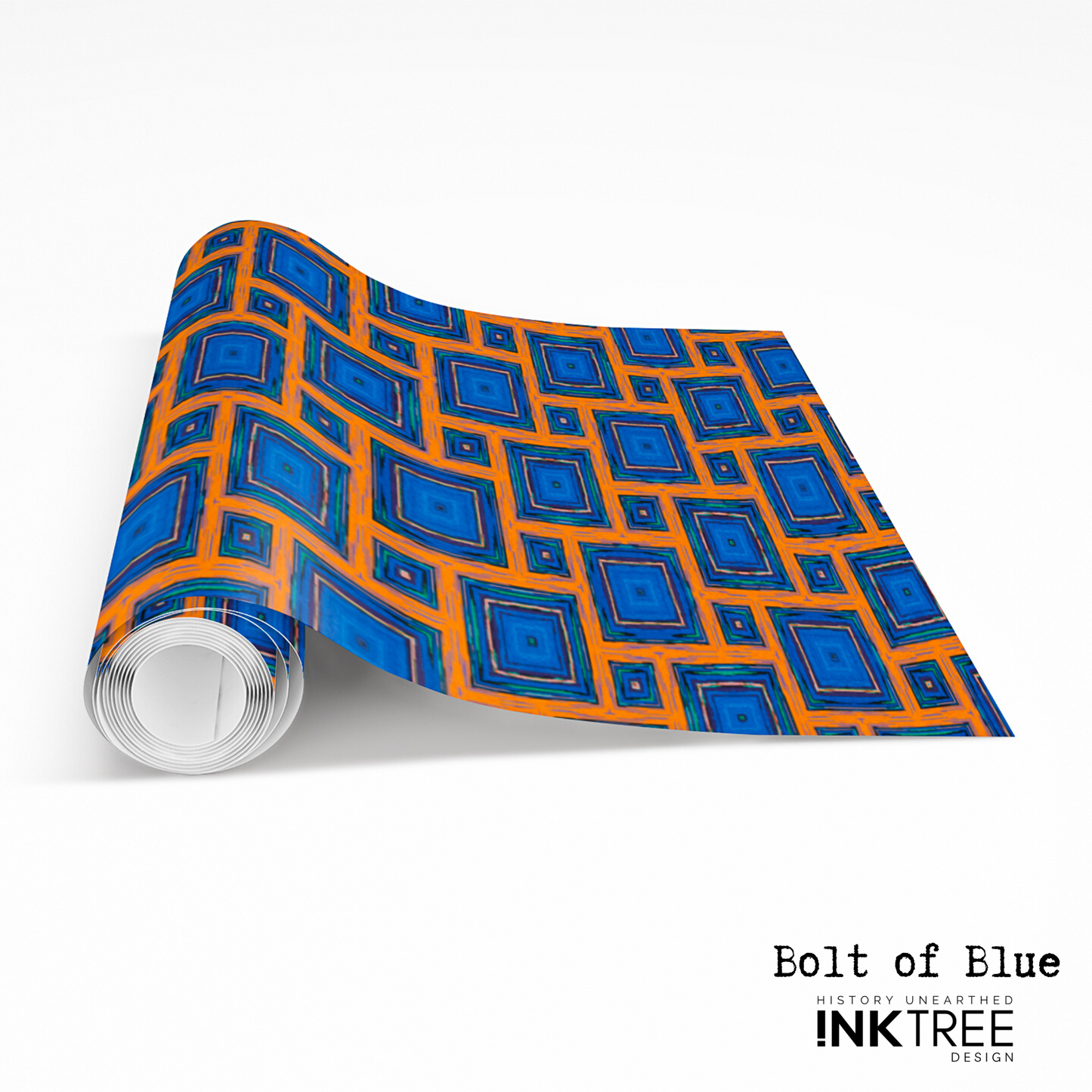 A roll of wrapping paper with an orange, white, black, blue and green square pattern.