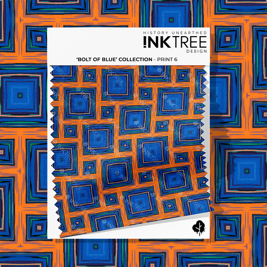 A white card fabric swatch with an orange, white, black, blue and green square print with an ink tree design logo on it.  There is the same pattern on the background.