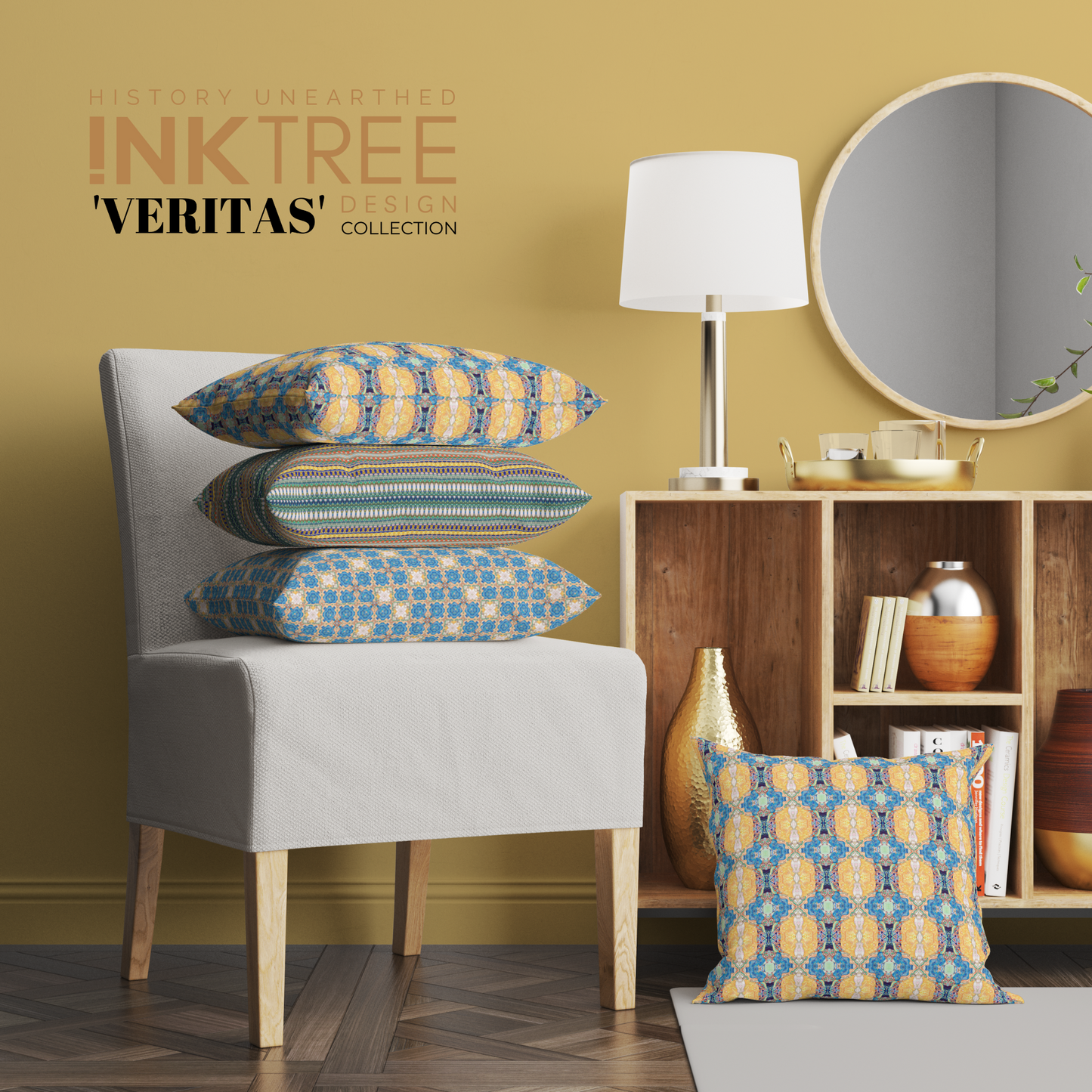 A fabric swatch on a white card with Ink Tree Design logo, reading Veritas Collection print 2.  The print consists of yellow, green and blue pattern.