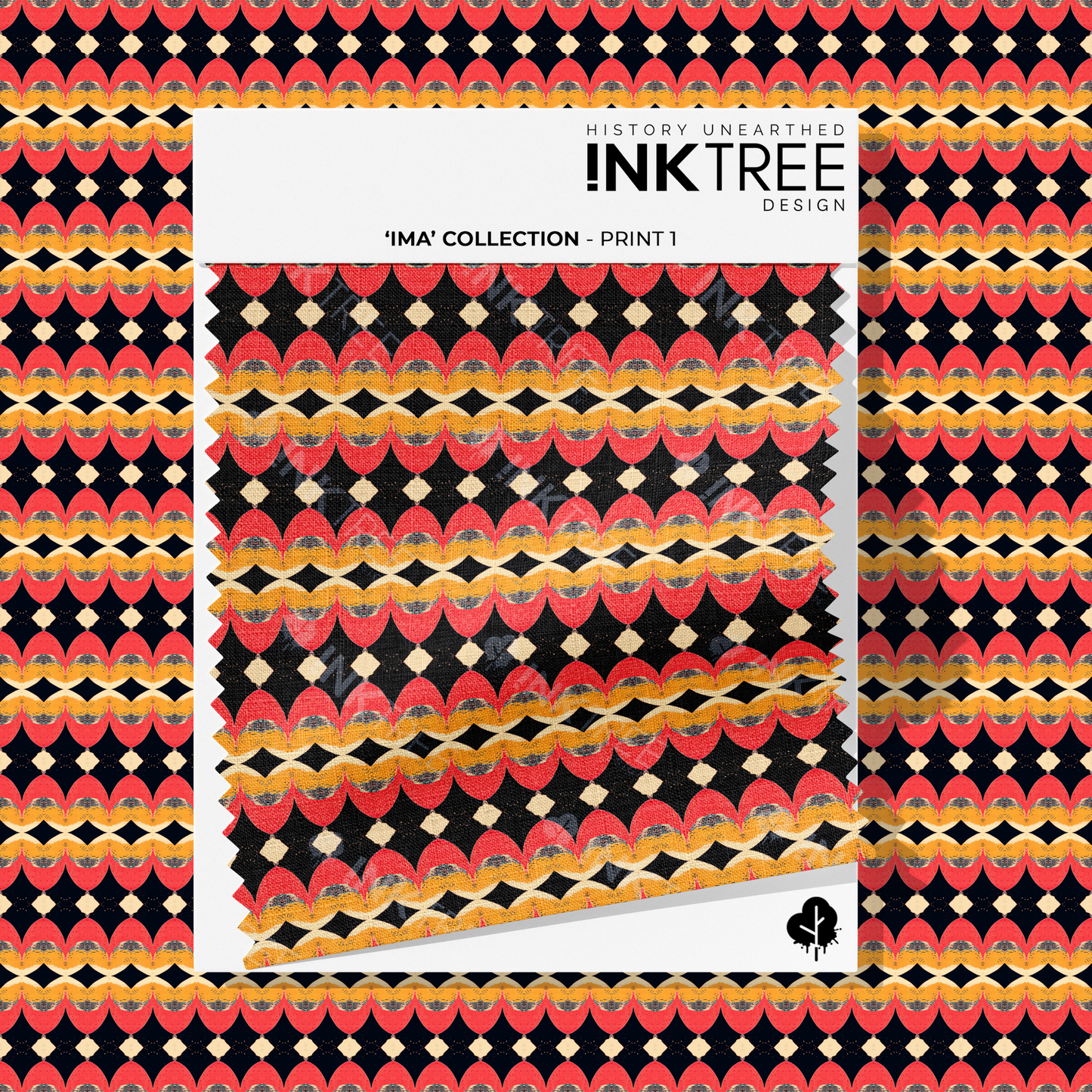 A white card fabric swatch with an orange, black and yellow straight print and ink tree design logo on it.  There is the same pattern on the background.