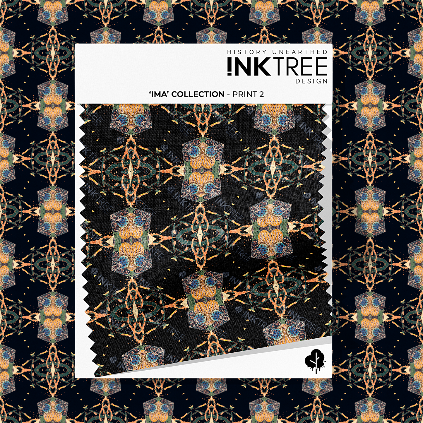 A white card fabric swatch with a gold, black, blue, green and white oriental looking pattern and ink tree design logo on it.  There is the same pattern on the background.