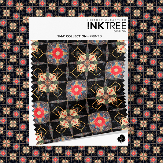 A white card fabric swatch with a gold, black, red, blue, green and white oriental looking pattern and ink tree design logo on it.  There is the same pattern on the background.
