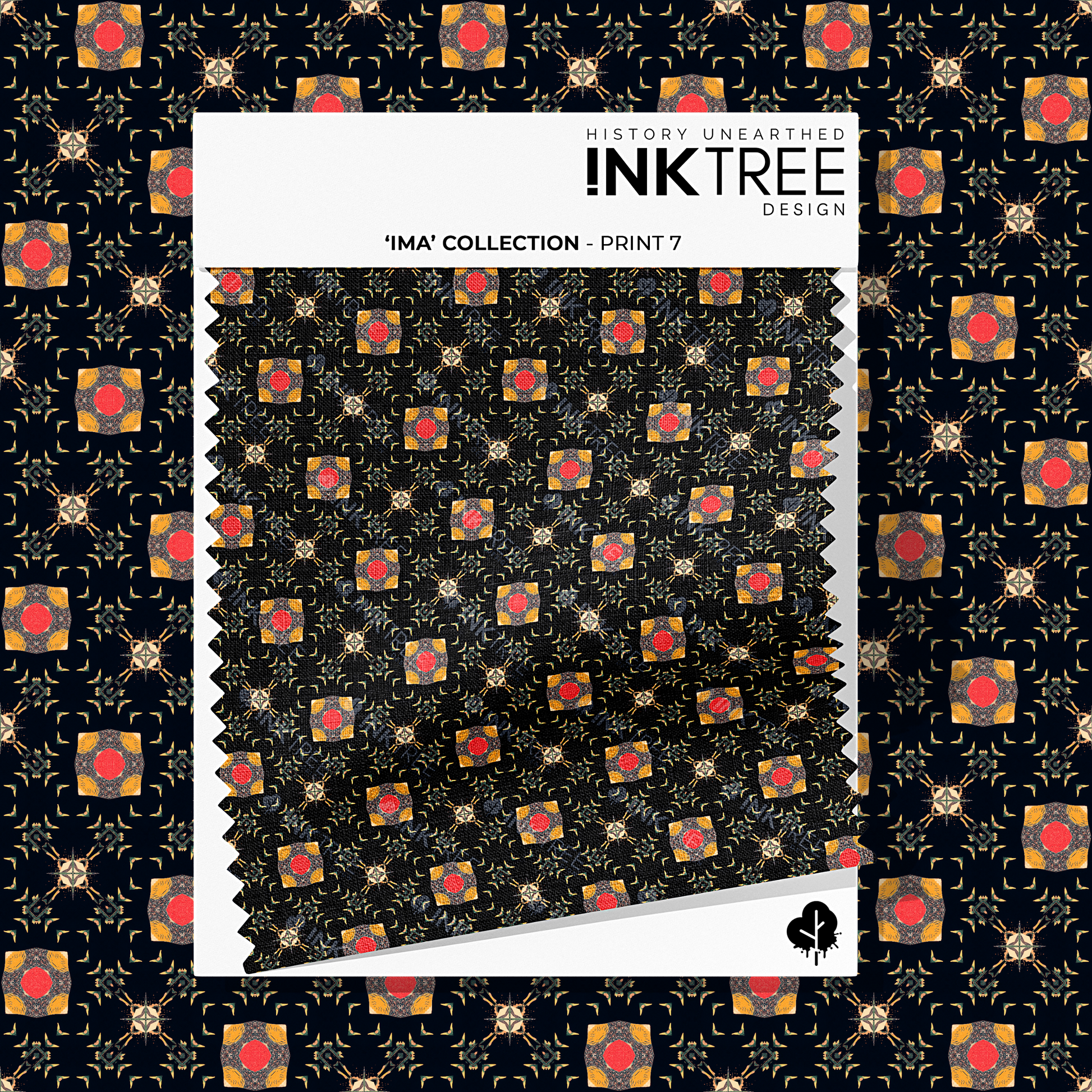 A white card fabric swatch with a gold, black, red, blue, green and white oriental looking pattern and ink tree design logo on it.  There is the same pattern on the background.