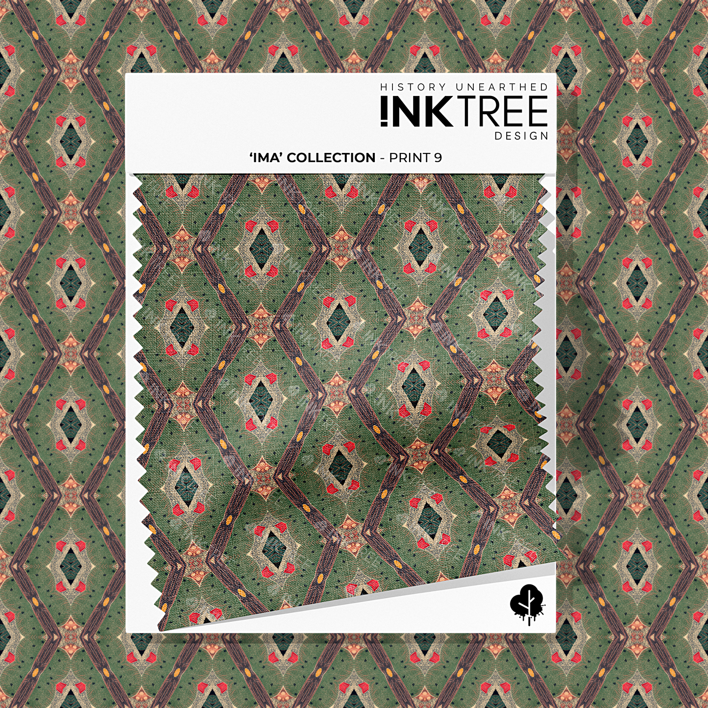 A white card fabric swatch with a gold, black, red, green and white oriental looking pattern and ink tree design logo on it.  There is the same pattern on the background.