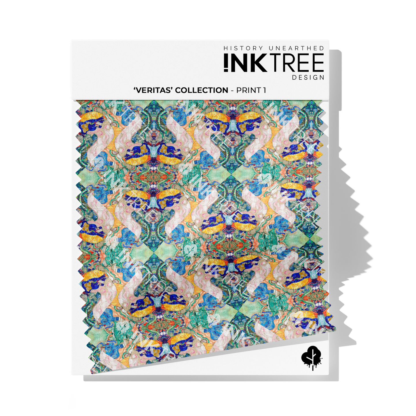A fabric swatch card with ink tree design logo, with green, gold, and blue colours.