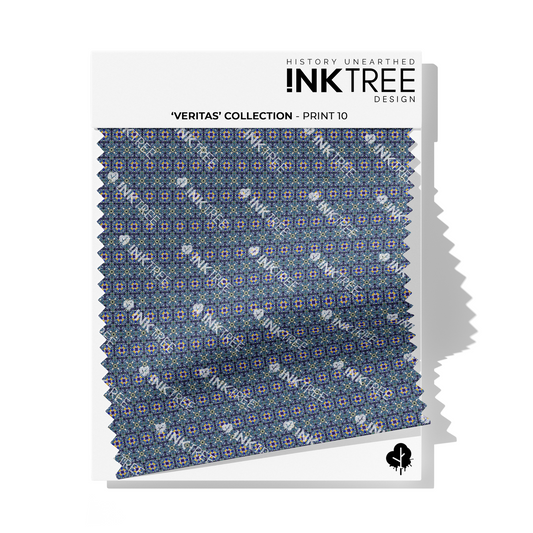 A fabric swatch on a white card with Ink Tree Design logo, reading Veritas Collection print 10.  The print consists of blue, and pink patttern.