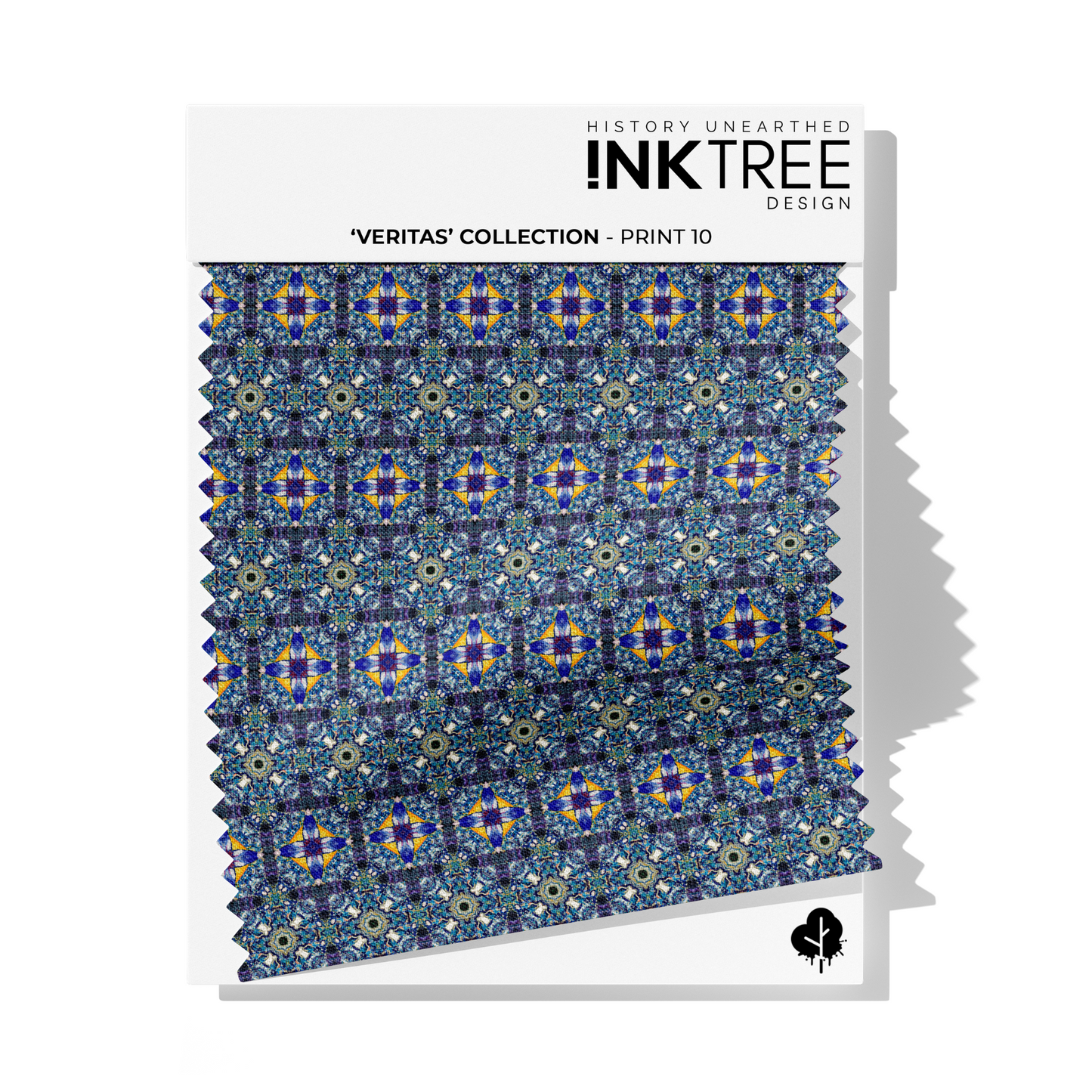 A fabric swatch on a white card with Ink Tree Design logo, reading Veritas Collection print 10.  The print consists of blue, and pink patttern.
