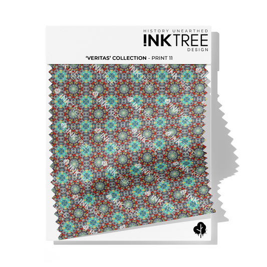 A fabric swatch on a white card with Ink Tree Design logo, reading Veritas Collection print 11.  The print consists of aqua and yellow flowers with a red background.