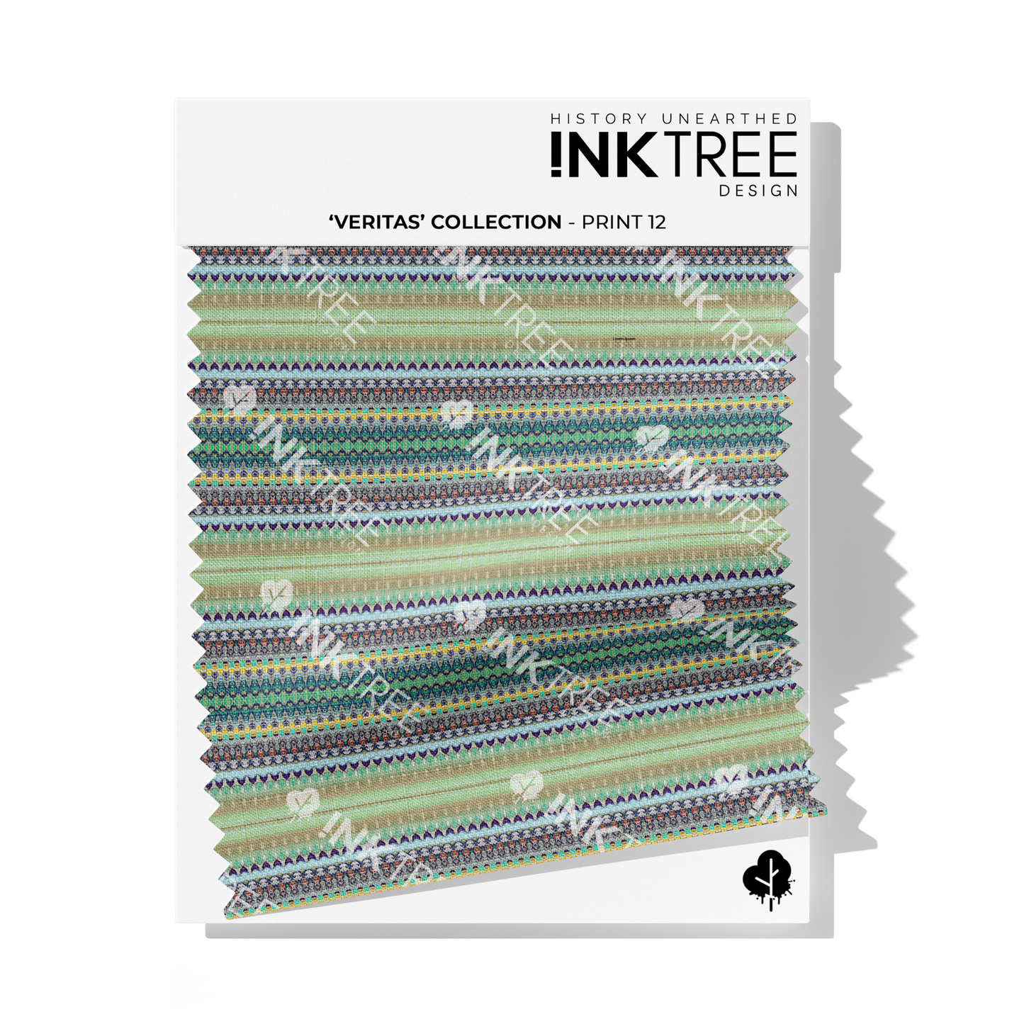 A fabric swatch on a white card with Ink Tree Design logo, reading Veritas Collection print 12.  The print consists of horizontal lines in green, blue, black pattern.