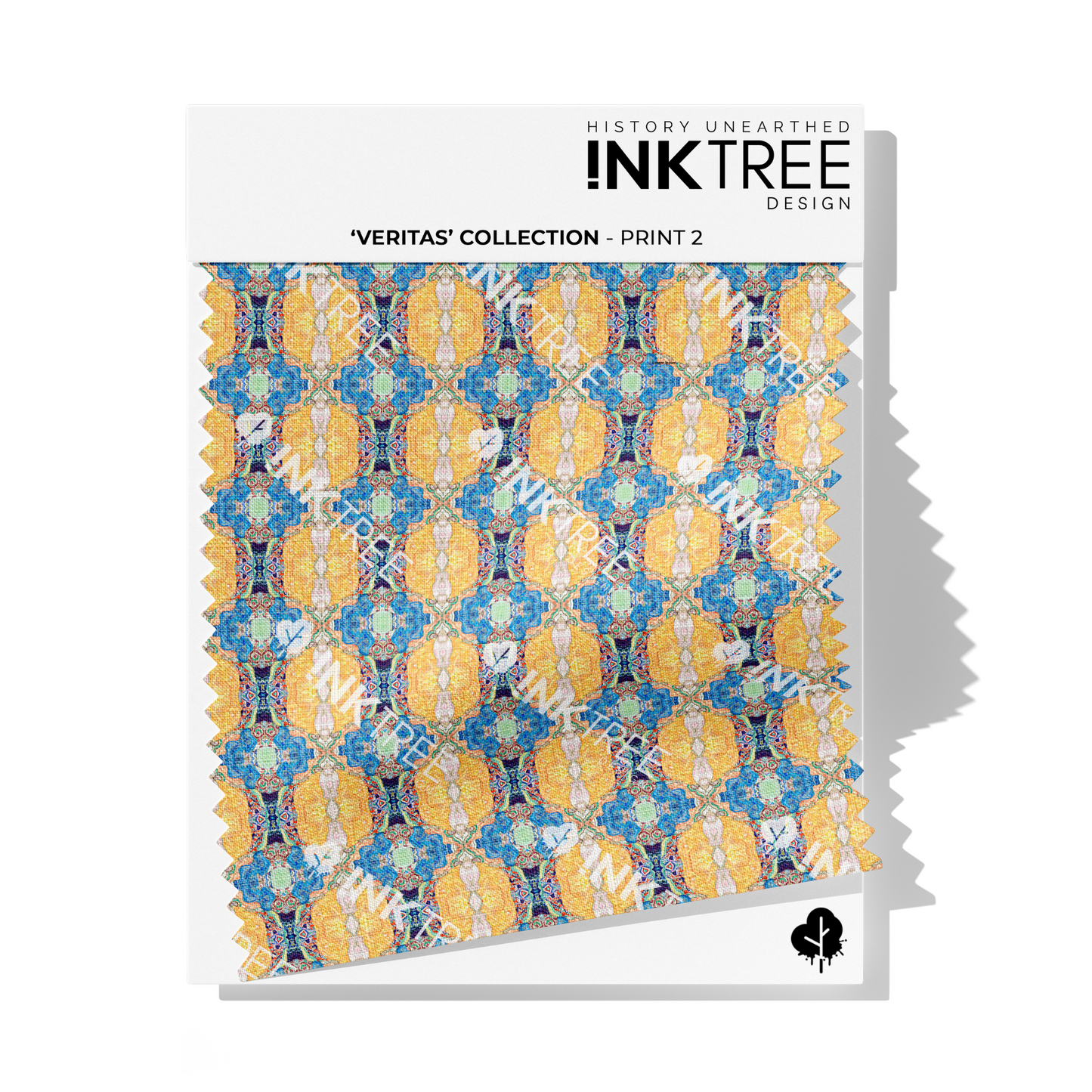 A fabric swatch on a white card with Ink Tree Design logo, reading Veritas Collection print 2.  The print consists of yellow, green and blue pattern.