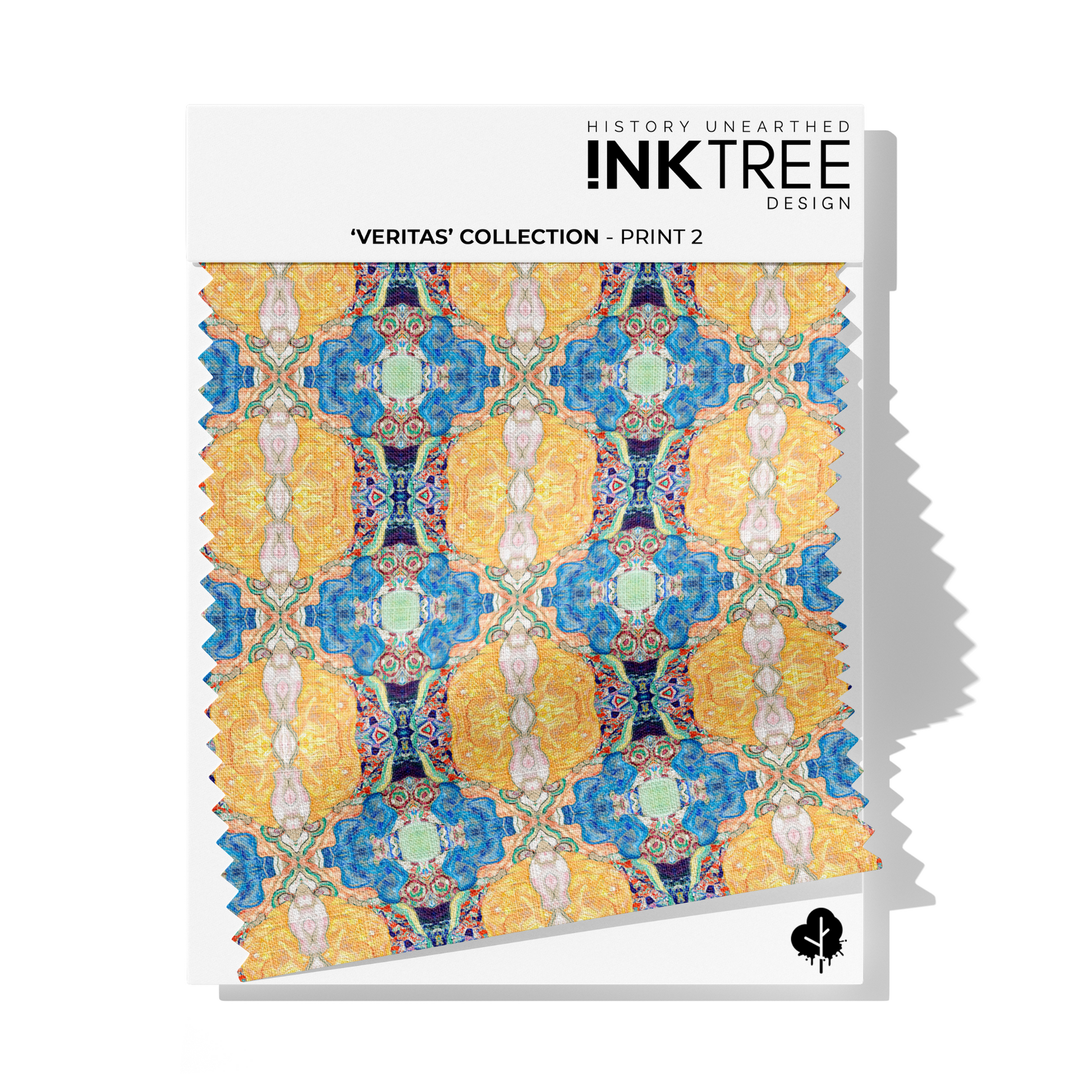 A fabric swatch on a white card with Ink Tree Design logo, reading Veritas Collection print 2.  The print consists of yellow, green and blue pattern.