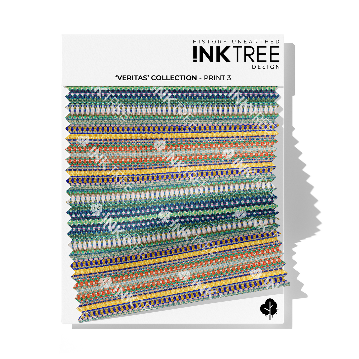 A fabric swatch on a white card with Ink Tree Design logo, reading Veritas Collection print 3.  The print consists of yellow, green and blue and orange pattern.