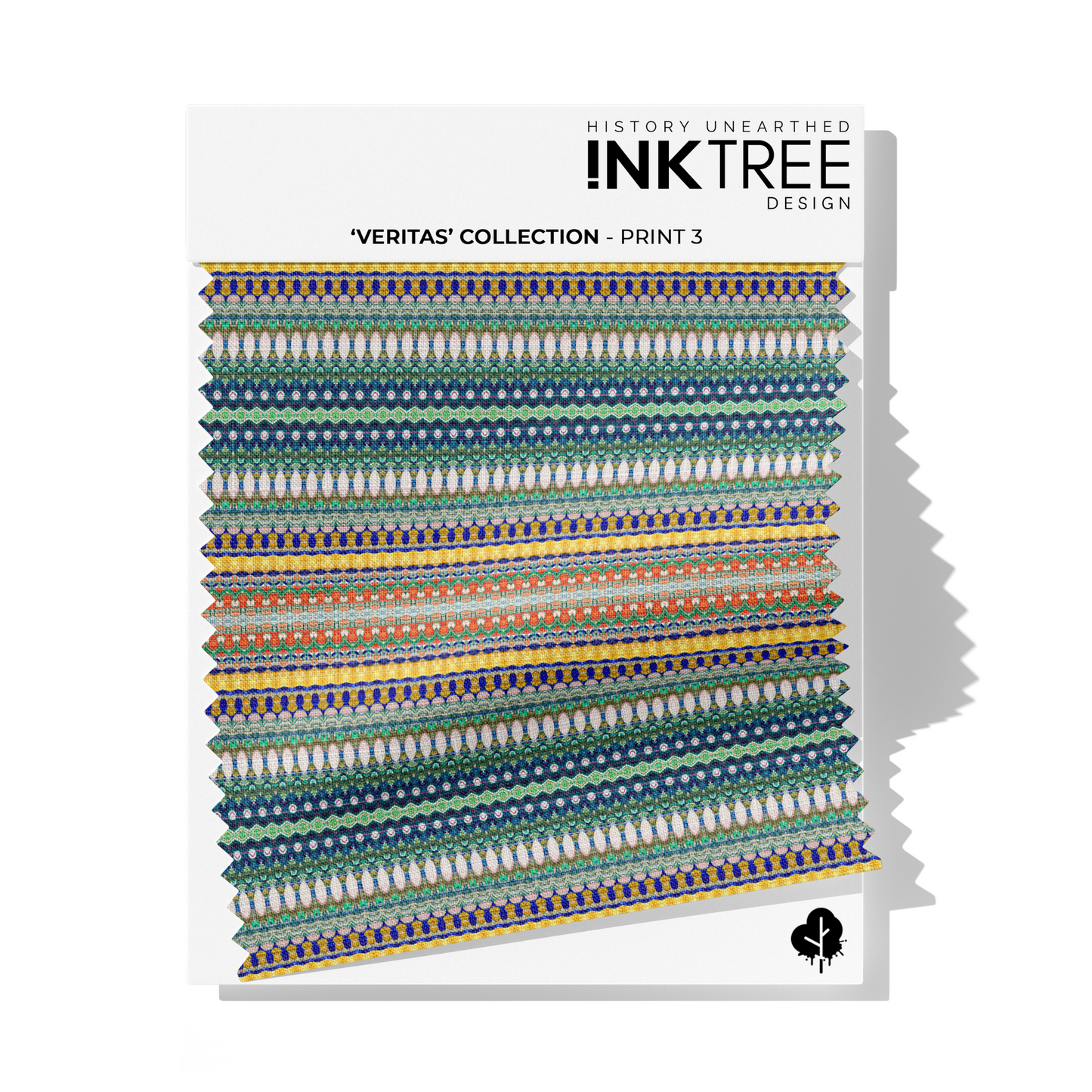 A fabric swatch on a white card with Ink Tree Design logo, reading Veritas Collection print 3.  The print consists of yellow, green and blue and orange pattern.