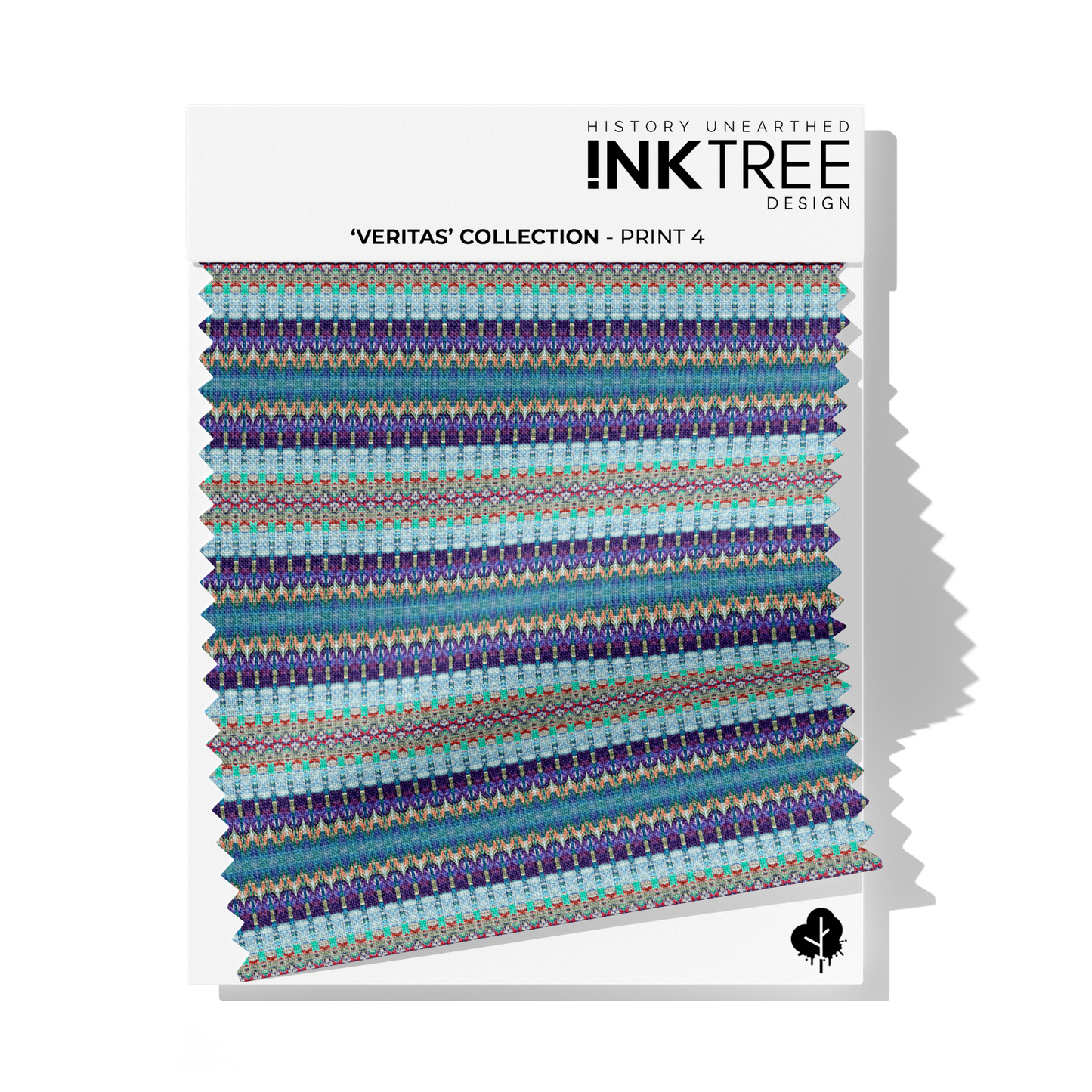 A fabric swatch on a white card with Ink Tree Design logo, reading Veritas Collection print 4.  The print consists of blue, purple and green pattern.