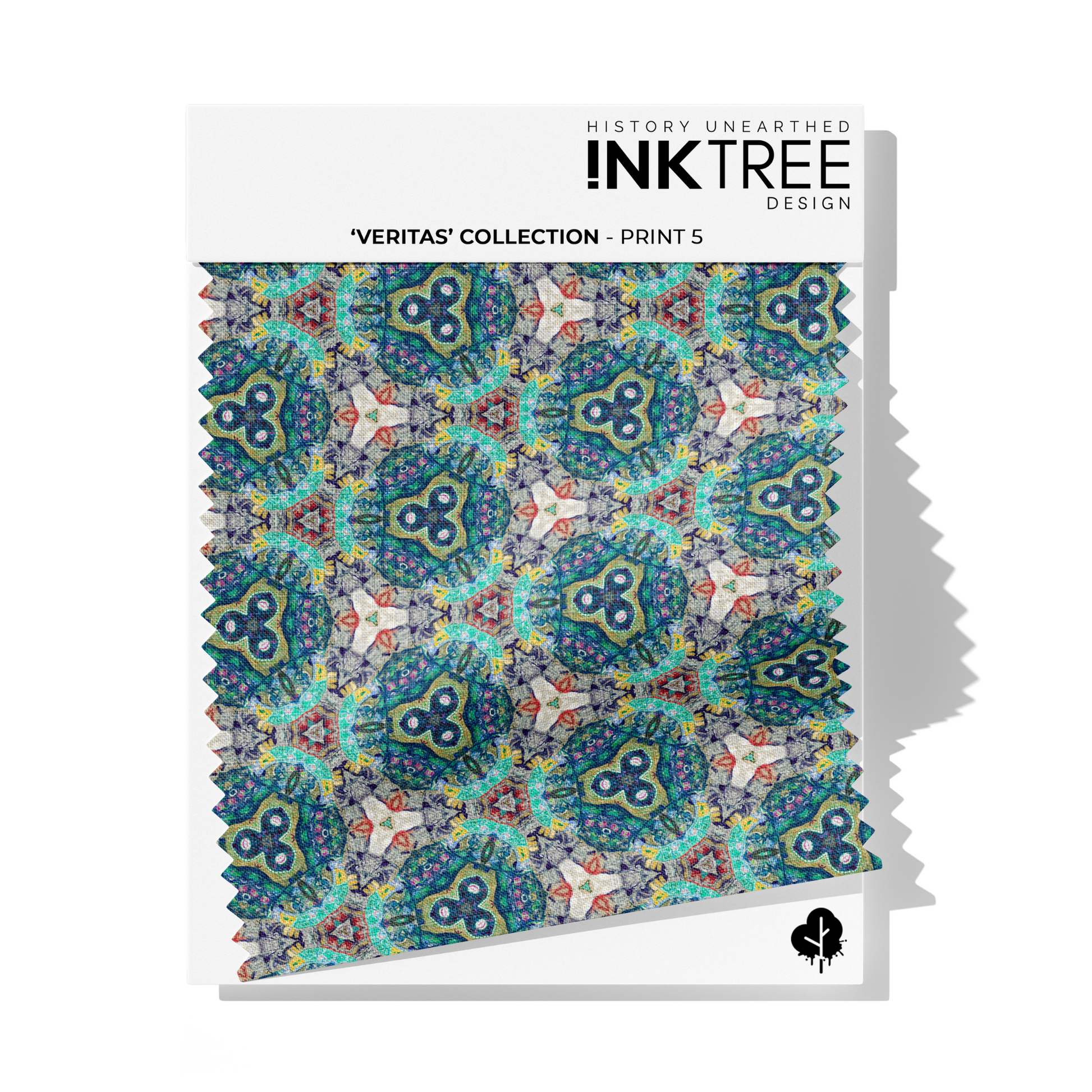  A fabric swatch on a white card with Ink Tree Design logo, reading Veritas Collection print 5.  The print consists of blue,  green, and red pattern.