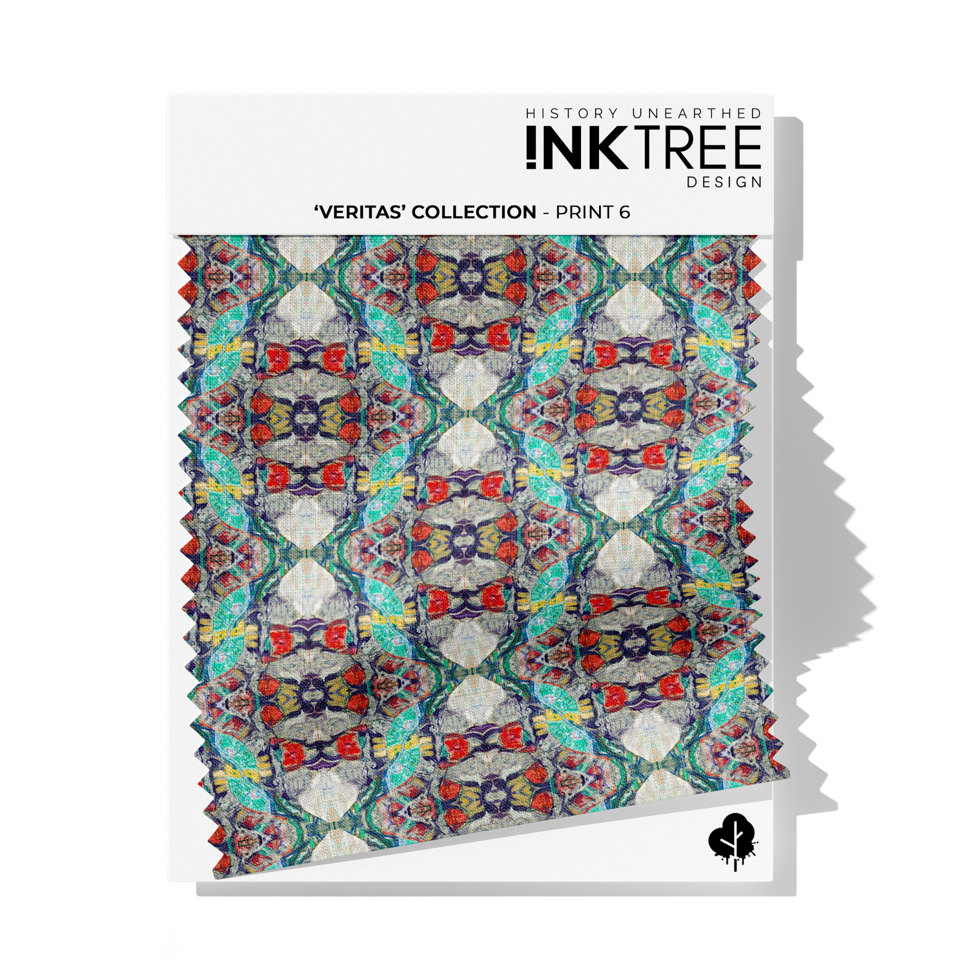A fabric swatch on a white card with Ink Tree Design logo, reading Veritas Collection print 6.  The print consists of blue, red and green pattern.