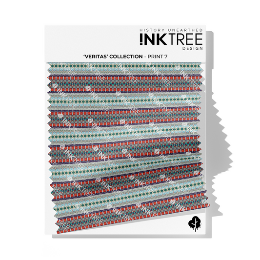 A fabric swatch on a white card with Ink Tree Design logo, reading Veritas Collection print 7.  The print consists of blue, red and green horizontal line pattern.