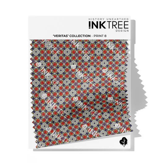 A fabric swatch on a white card with Ink Tree Design logo, reading Veritas Collection print 8.  The print consists of blue, grey and red floral pattern.