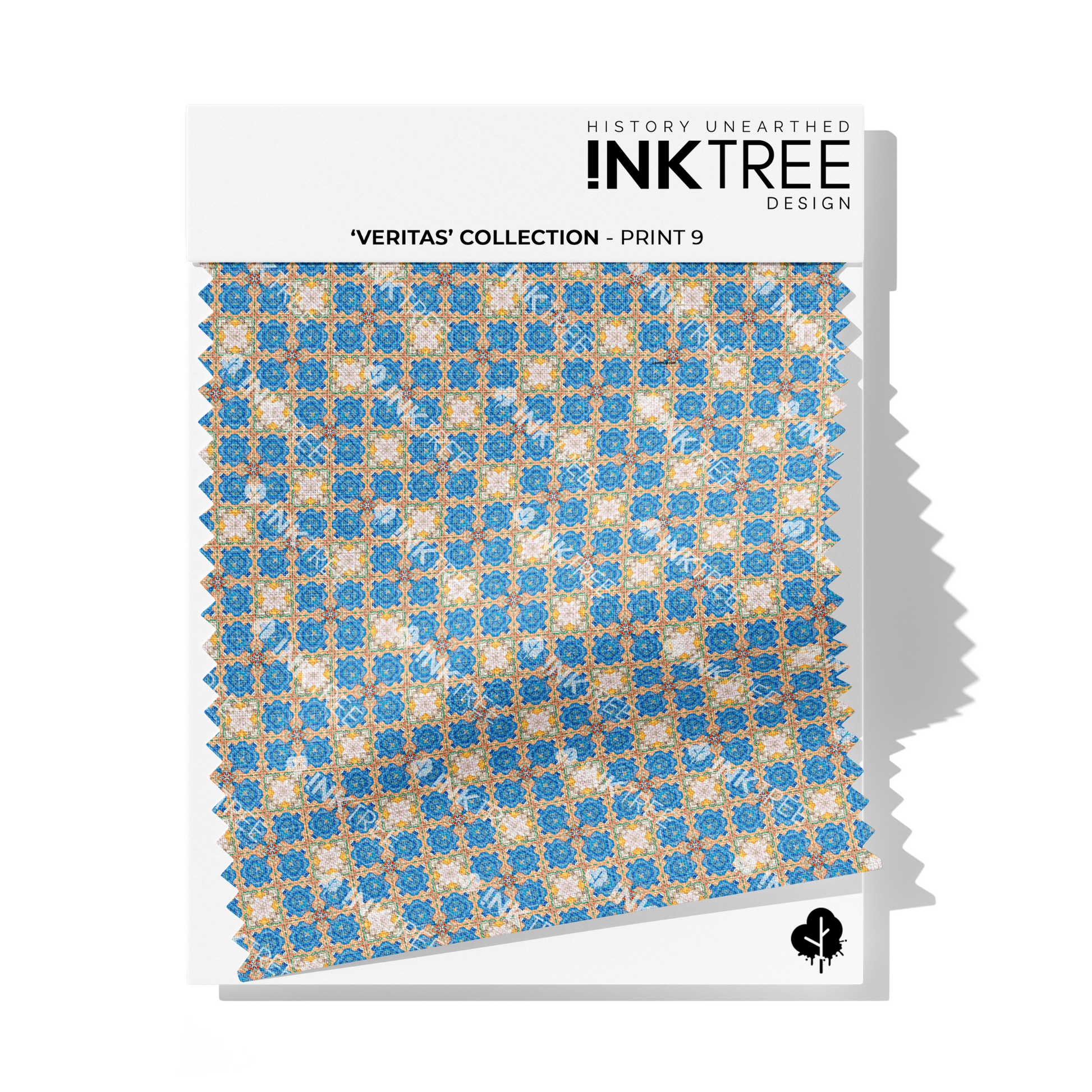 A fabric swatch on a white card with Ink Tree Design logo, reading Veritas Collection print 9.  The print consists of blue and yellow pattern.