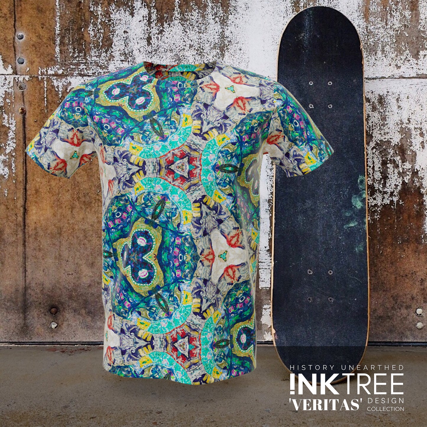 A blue, purple, red and green patterned t'shirt, with a skateboard and rusty wall background.