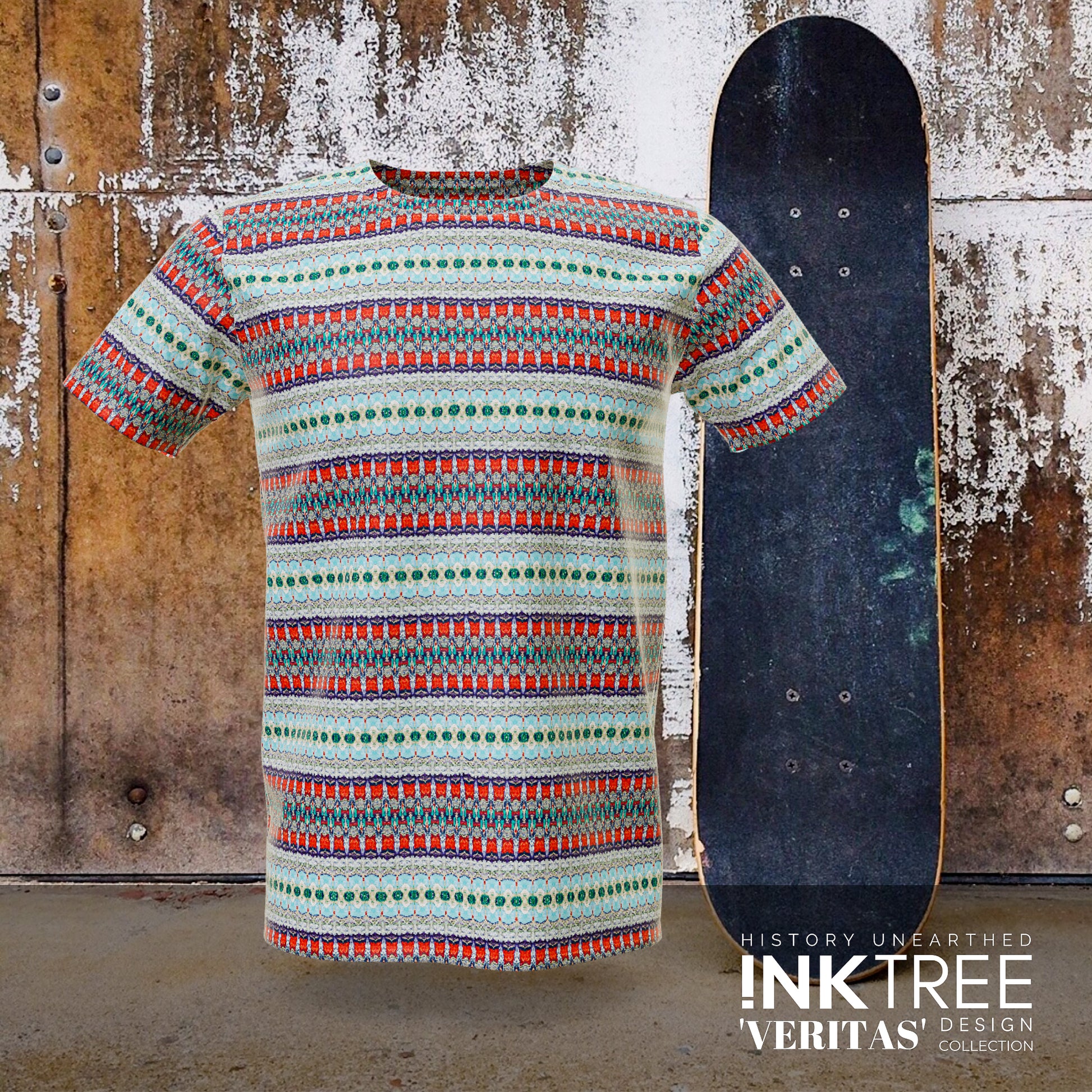 A blue, red and green horizontal line patterned t'shirt, with a skateboard and rusty wall background.