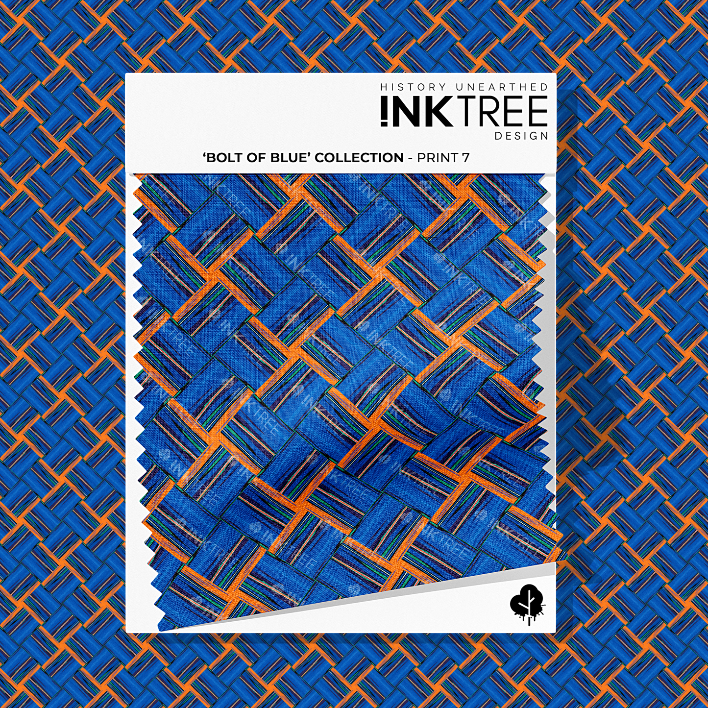 A white card fabric swatch with an orange, white, black, blue and green square print with an ink tree design logo on it.  There is the same pattern on the background.