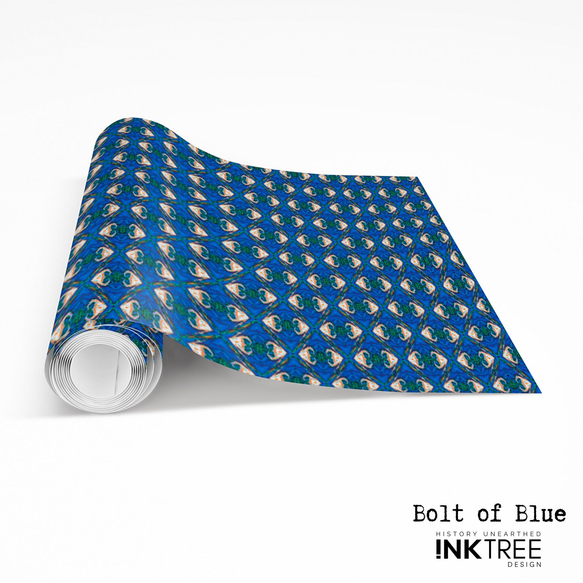 A roll of wrapping paper with an orange, white, black, blue and green pattern.